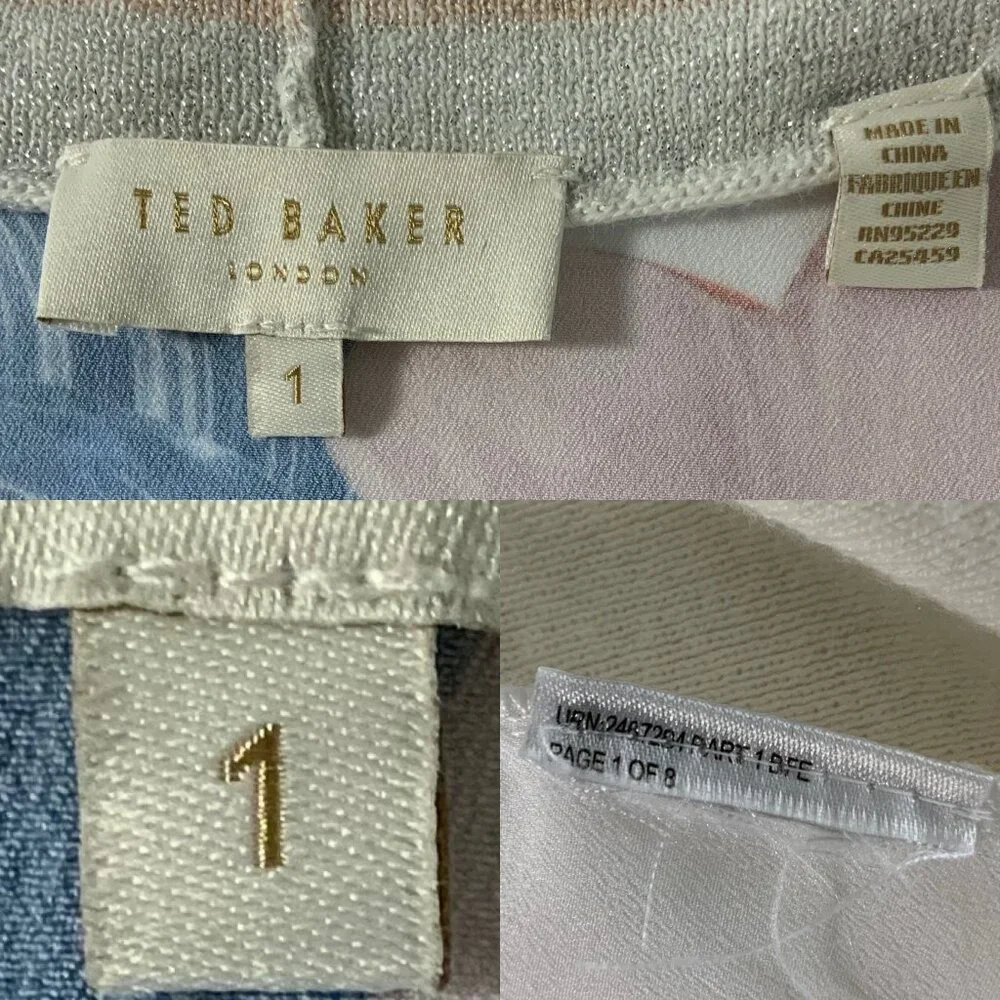 Ted Baker Cream Floral-Back Cardigan with Pastel Stripe Trim, Size 1